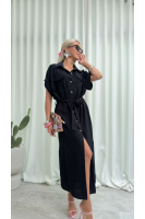 Sukienka Koszulowa Maxi Premium Wiązana w Pasie Elegancka Oversize Guziki Kieszenie - czarny